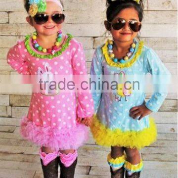 Long sleeve Girl Party Wear Western Dress Bunny And Chick Printed Easter Lace Dress