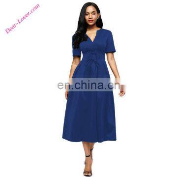 Most Popular Casual summer Blue Split Neck Short Sleeve midi dress