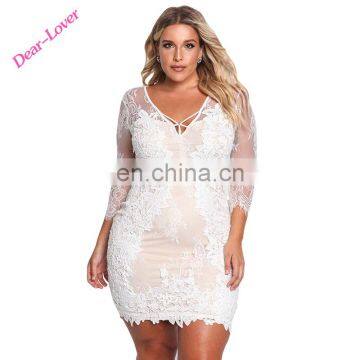 White Plus Size Patchwork V-Neck Floral Lace Embroidered Mini Woman Dress