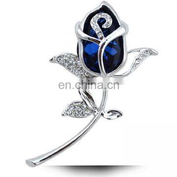 China High Quality Blue Crystal Rhinestone Rose Flower Brooch For Woman