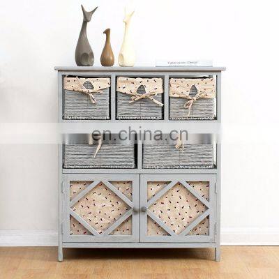Grey Paulownia Solid Wood Sideboard Drawer Chest With Wicker Baskets photo-3
