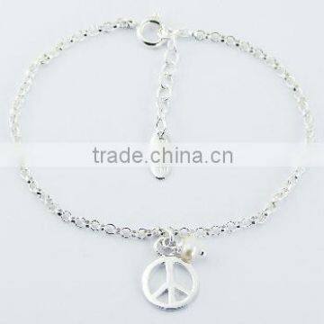 Sterling Silver Peace Charm Bracelet with Freshwater Pearl