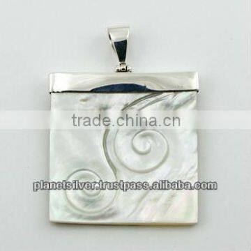 Shell Pendant Hand Carved Twirl Relief 925 Silver Hinged Bail