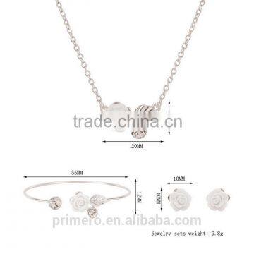 Silver Filled Pretty Rose Flower Necklace Breaclet Earring 3pcs/set Fashion Jewelry Sets For Woman