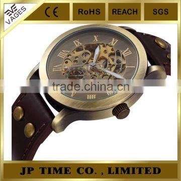 New Retro Skeleton Automatic Mechanical Vintage Leather copper wrist watch