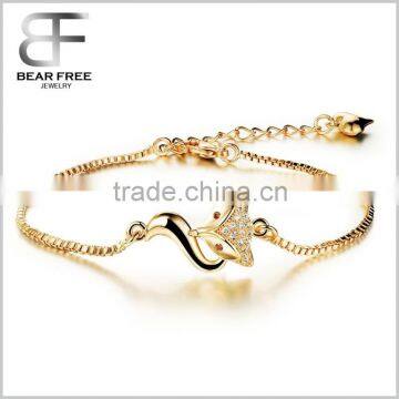 Cute Fox Shining AAA Cubic Zirconia Charm Gold Bracelet with Box Chain Length Adjustable