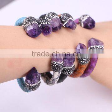 Natural Amethyst Quartz Stone Bangle, Crystal Paved Gem stone Snakeskin Bangle, Charm Jewelry Cuff Bangle Bracelet