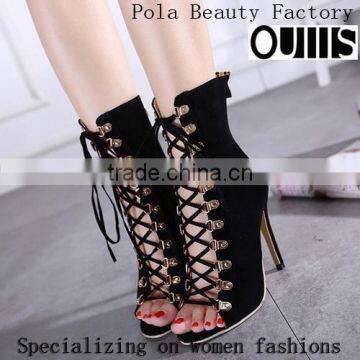 2016 New fashion open toe lace up high heel ankle boots PZ4375