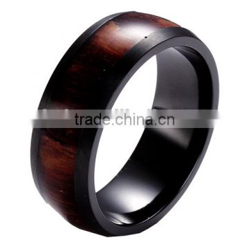 Dome Black Titanium Black Ziconium Wedding Band Ring with KOA Wood Inlay, Comfort Fit