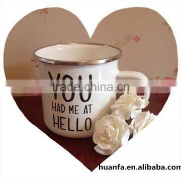 Personalized 12oz white enamel metal mugs logo printing porcelain coated camp enamel mugs with SS rim