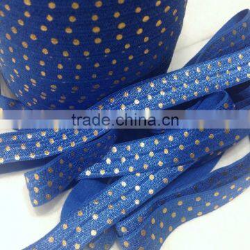 Royal blue & gold metallic polka dot 5/8" fold over elastic ribbon