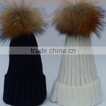 Children Hat Kids Hat Children Winter Raccoon Fur Hats 100% Real 15cm Fur Pompom Beanies Cap Natural Fur Hat For Kids Children