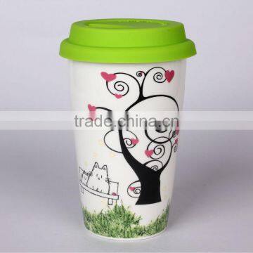 beautiful double wall ceramic coffee mug with silicon lid