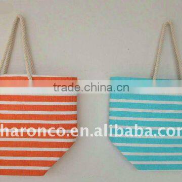 Candy strip paper straw fabric beach bag with handle