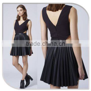 Black Cool Lady Sexy Cut Out Pleated Leather PU Casual Dress Designs