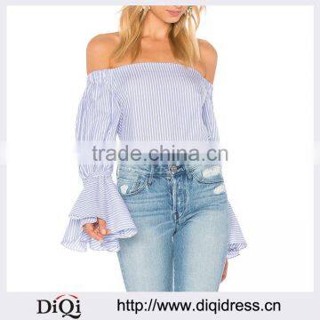 Wholesale Women Apparel Strapless Bell Sleeves Stripes Romantic Blouse(DQE0401T)