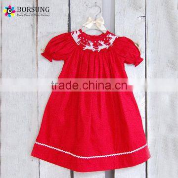 2017 New Designs Red Deer Christmas Long Puffy Girls Smocked Bishop Dresses