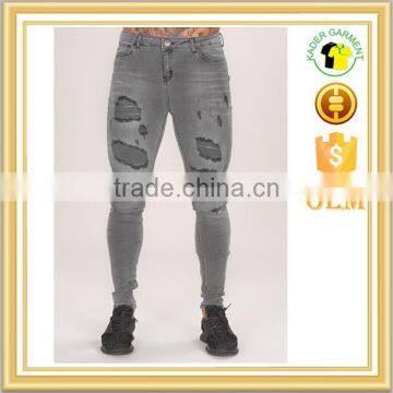 Slim Fit Straight Cut Gray Knee Ripped Acid Wash Low Rise Casual Jeans Trousers for Men