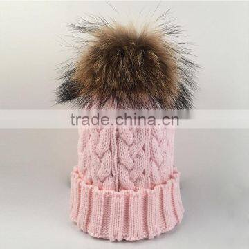 Myfur Fuzzy Big Raccoon Fur Bobble Cable Knit Hat Wholesale Girls Beanie