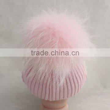 Myfur Baby Pink Striped Pattern Knitting Hat With Real Raccoon Fur Bobble photo-2
