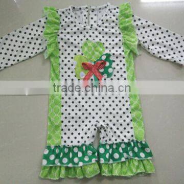 Infant Girl Clothes Open-Seat Long Sleeve Cotton Baby Onesie Green Clover Pattern Knot Bow Organic Cotton Ruffles Romper