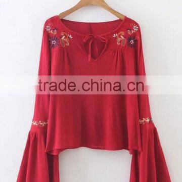 Runwaylover EY2366B Ladies Fashion Flare Sleeve Embroidery Blouse