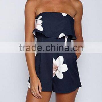 2017 Summer Women's Dark Blue Flowers Printed Hanging Neck Lotus Leaf Side Bra Straps Pants photo-2