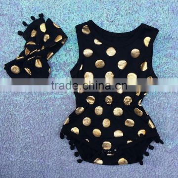 baby girl Toddler Romper Adorable pom pom romper with Matching Headband Black Gold baby 1st Birthday Outfit Gold One Piece