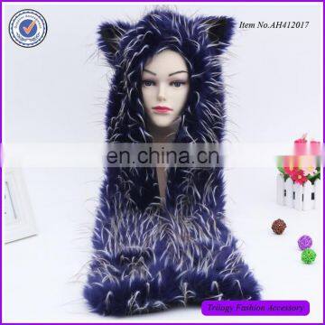 Bright Blue Plush Spirit Hooded Hat Animal Faux Fur Hat With Paw