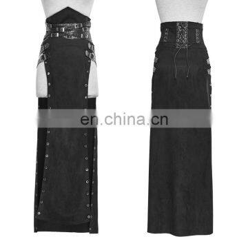 Q-298 Punk Rave Women's black long high waisted split skirt