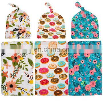 Newborn Baby Floral Receiving Blankets Swaddling Cotton Blankets With Hat Photography Props