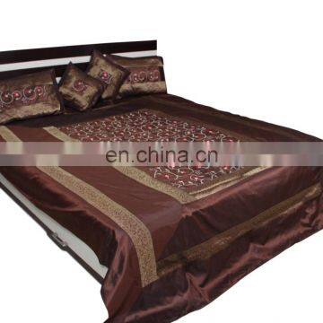 Polyester silk Brown color Embroidered Bedding Set with Cushion Cover and Pillow Cover