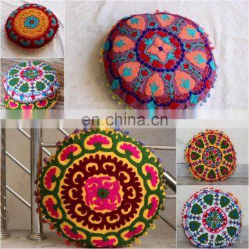 Indian Handmade Suzani Embroidered Cushion Cover Round Throw Pillow cover Cushion Embroidered Ethnic decorative Vintage cases