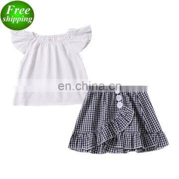 2019 Fly Sleeve White Round Neck T-shirt & Plaid Ruffle Skirt Girls Cotton Outfit 2pcs set