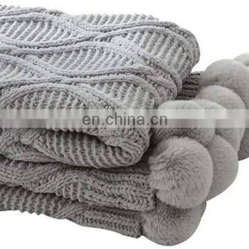 Knitted Throw Blanket for Sofa Bed Chair Couch Soft Warm Chenille Throw With Pom-pom Tassels for Bedding Napping Grey