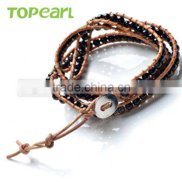 Topearl Jewelry Fashion Black Agate Bracelet Women Woven Leather Wrap Bangle With Copper Alloy Clasp CLL170 photo-2