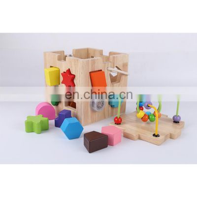 Hot sell beads coaster baby kids wooden activity cube wooden toys educational Geometric cube box educational toys