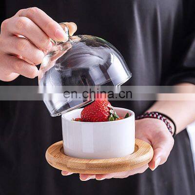 Wholesale Round Dessert Server Cake Pudding Bowl with Wooden Tray Cake Plate Serving tray Dome