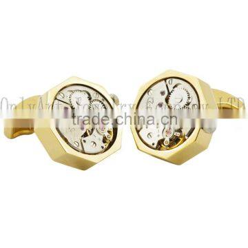 2015 newest gold plated cufflinks watch mechanical movement, watch movement cufflinks fashion jewelry