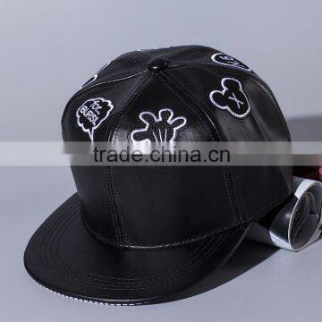 Star Style Cute Hand Embroidery Men Women Hiphop Black Leather Flat Baseball Cap