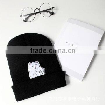 Star Same Style Cute Cat Pattern Rolled Brim Acrylic Knitted Cap for Man