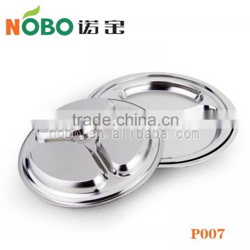 High quality stainless steel round food tray with 3 compartments/hospital metal food tray