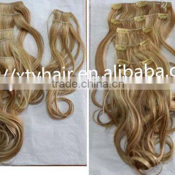 hot sale beautiful blonde color 8pc clip in extension 100% Japanese synthetic blonde curly virgin hair piece for european women