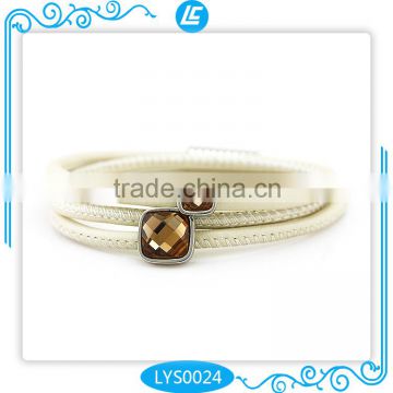 Cream Color Square Crystal Charms Soft Sheep Skin Leather Bracelet Three Wraps Leather Bracelet for Women