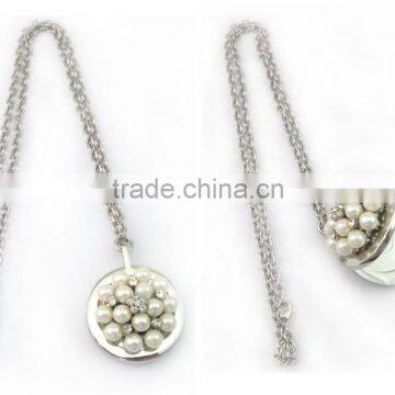 38mm Metal solid perfume container /lip gloss necklace, with crystal and pearl ,OEM designs accepted<DXCA9017>