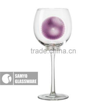 samyo mouth blown ballon wine glass with long thin stem and purple circle decoration