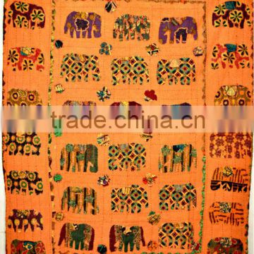 Traditional Indian Elephant Patchwork Multi color Handmade kantha Quilt Throw Kid's crib Bed cover