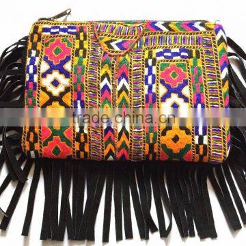 New Arrival !!! Fashionable Women's vintage banjara clutch purse with leather fringes hand embroidered bag