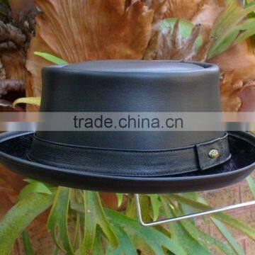 BLACK LEATHER ENGLISH MEN'S & WOMEN'S PORK PIE / JAZZ HAT VINTAGE STYLE