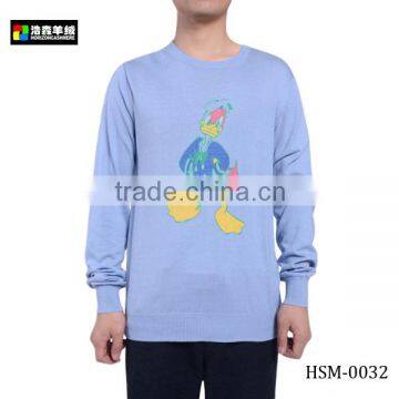 Lovely Cartoon Blend Cashmere Print Sweater, Men Blue Cute Print Cashmere Sweater